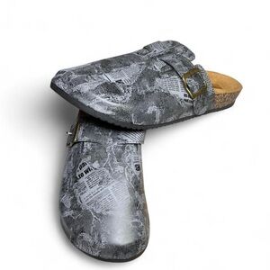 Black/Grey Newspaper Print Graphic Design Buckle Mule Clogs - Brand New